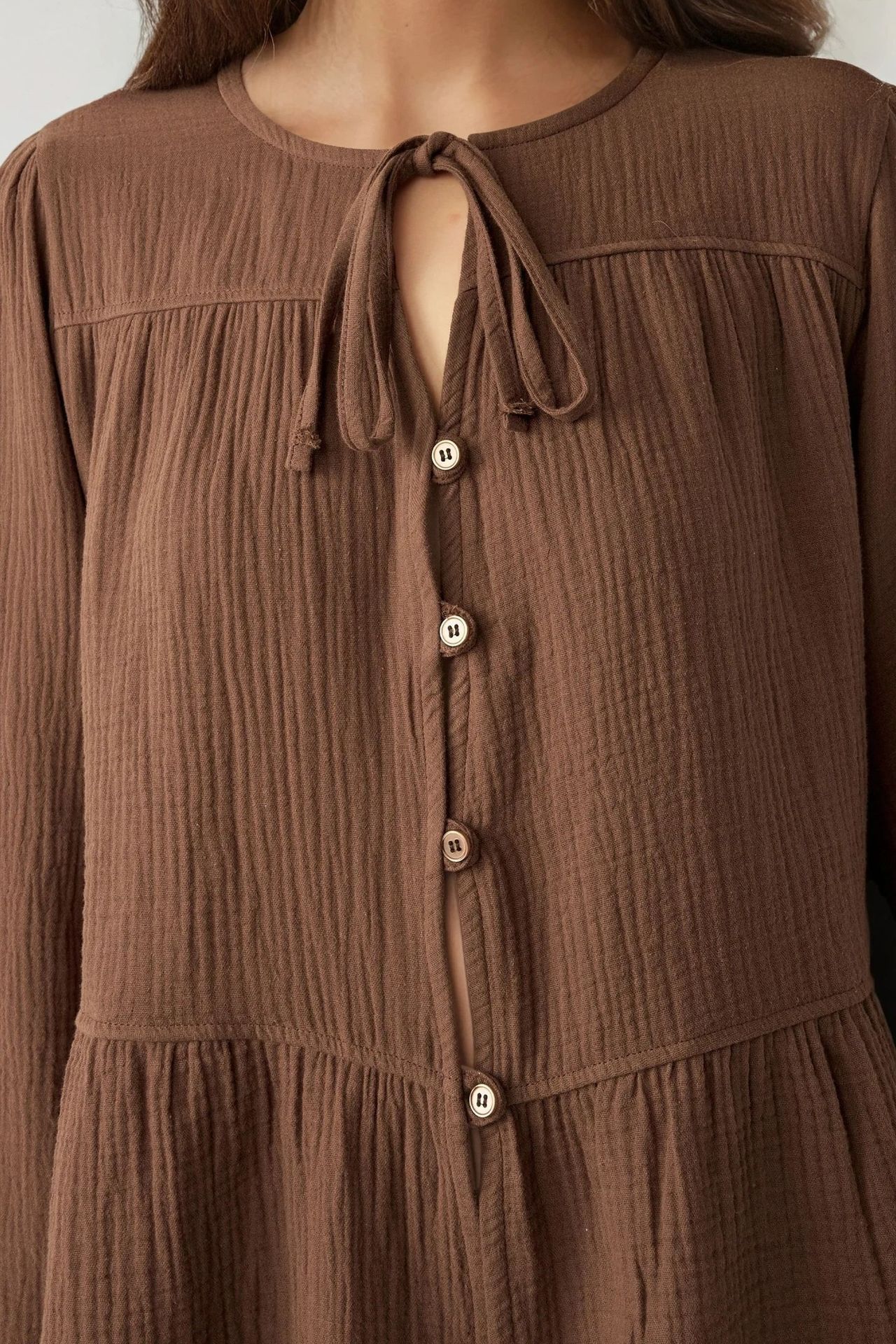 Crew Neck Long Sleeve Woven Muslin Blouse