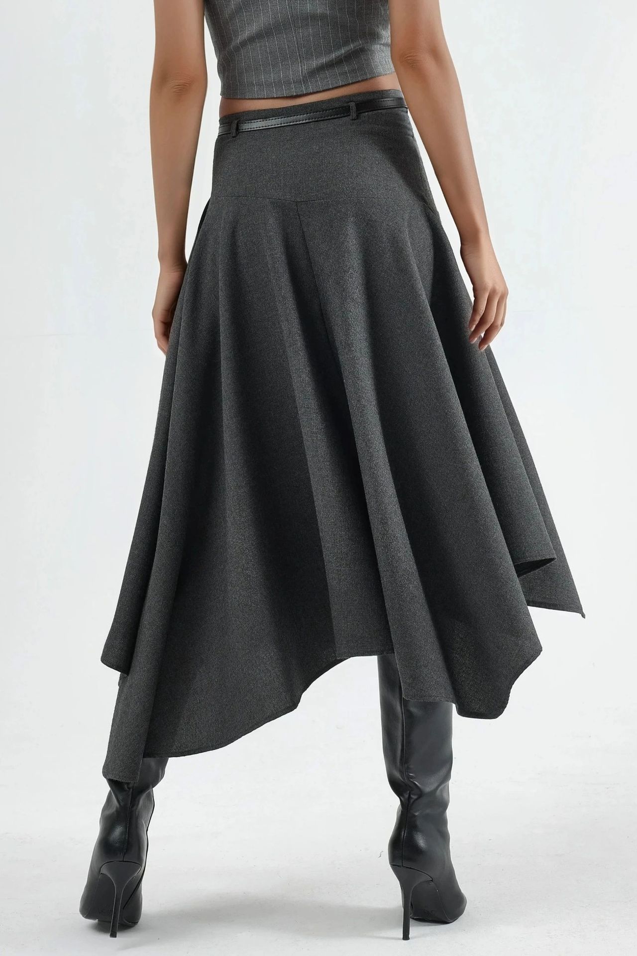 Belted High Waist Asymmetric Midi Skirt 4