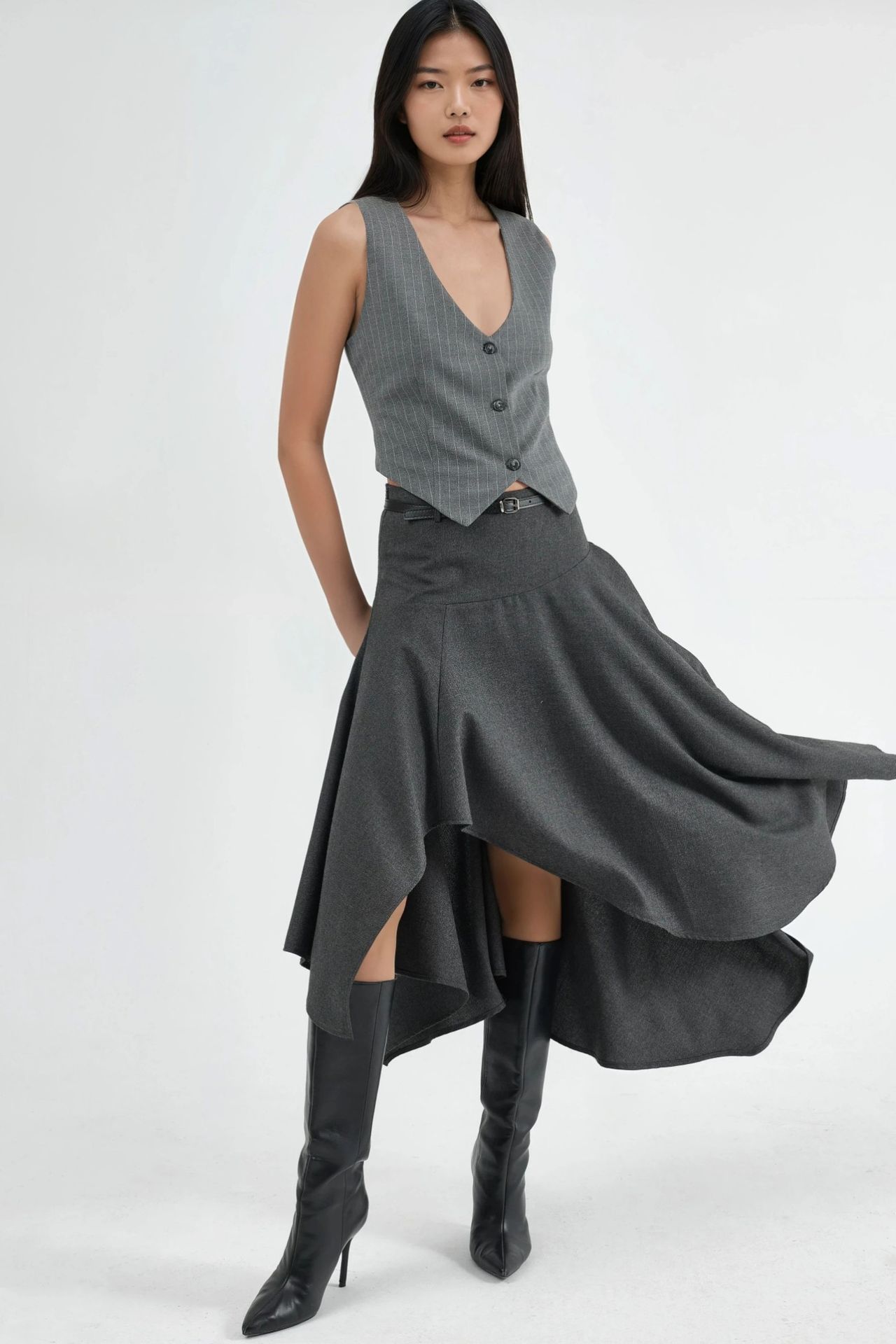 Belted High Waist Asymmetric Midi Skirt 5