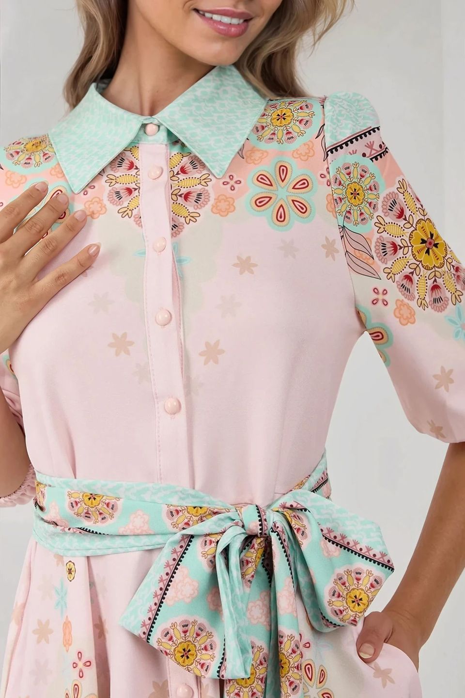 Printed Mini Dress with Shirt Collar