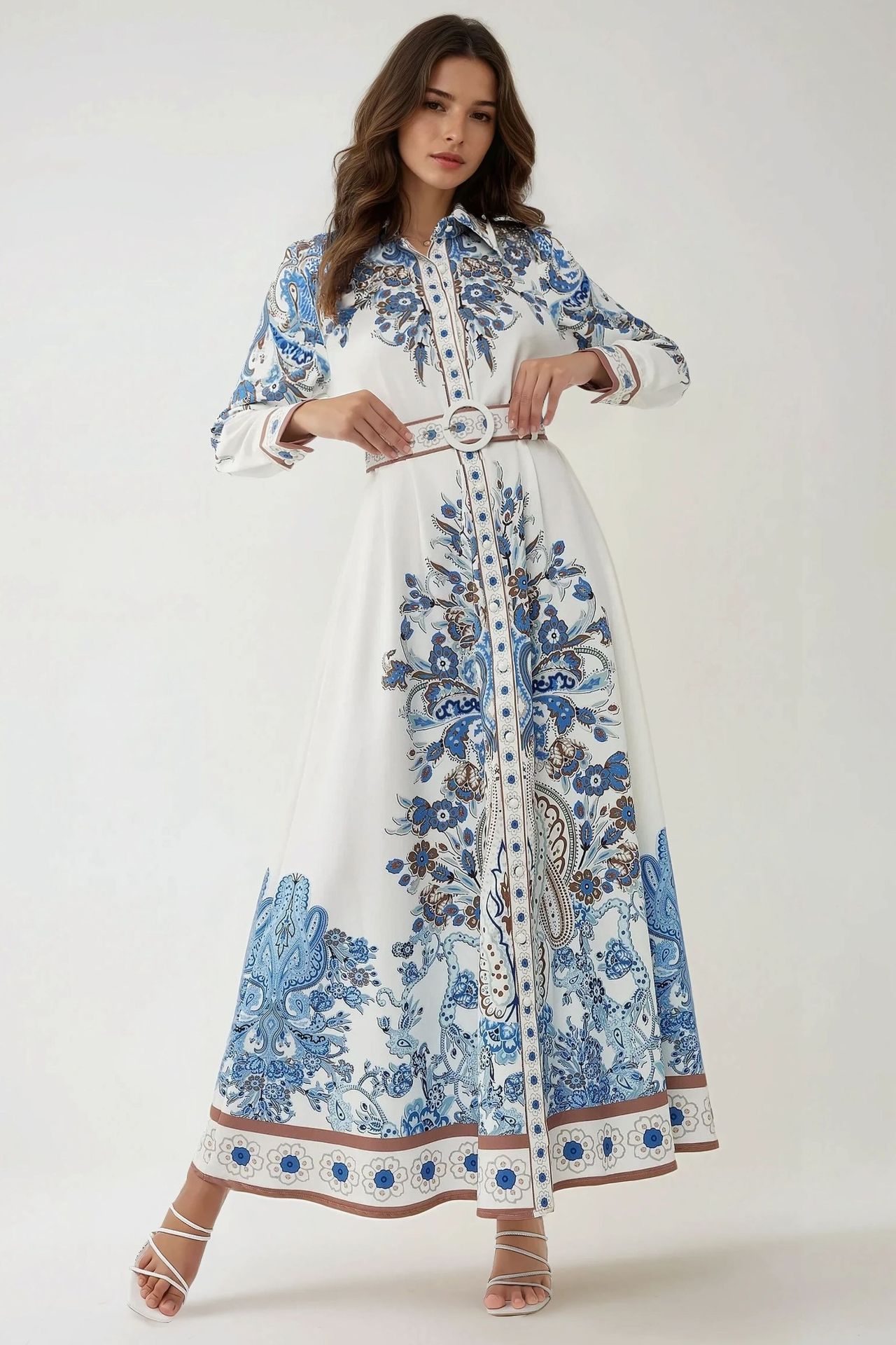 Printed Long Sleeve Maxi Dress with Belt