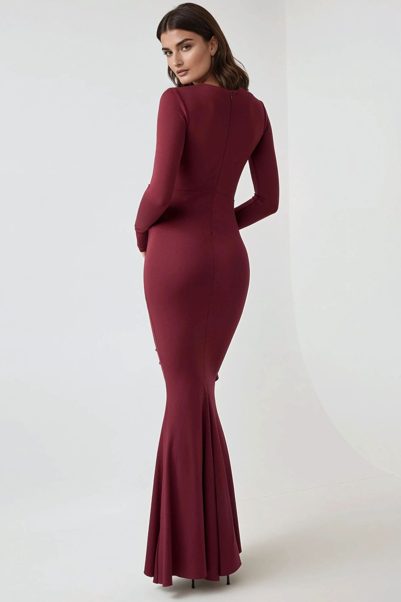 Crew Neck Bodycon Maxi Dress with Ruffle Detail