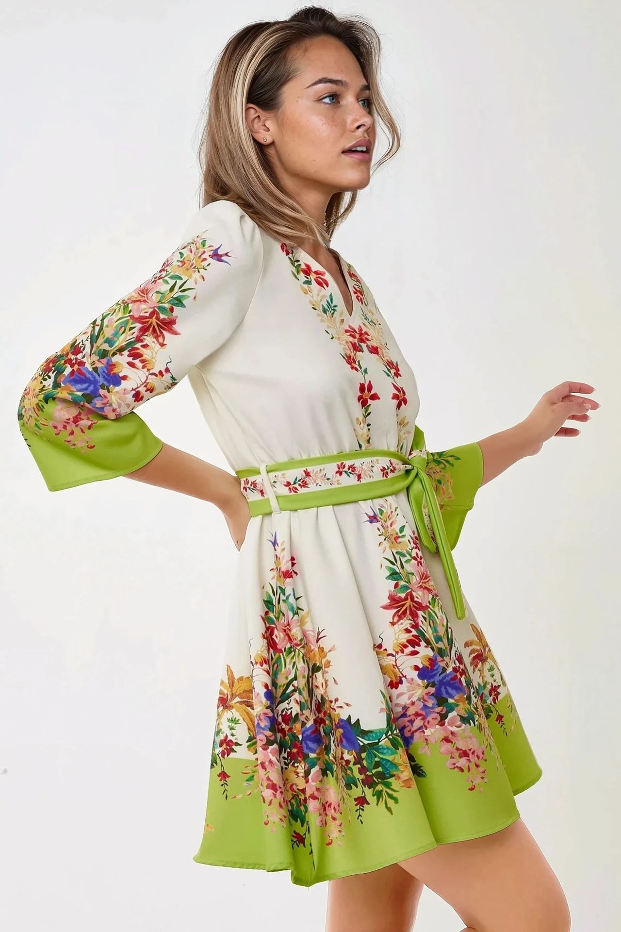 Arched V-Neck Printed Mini Dress