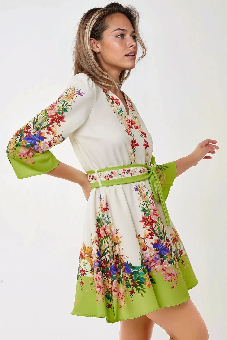 Arched V-Neck Printed Mini Dress