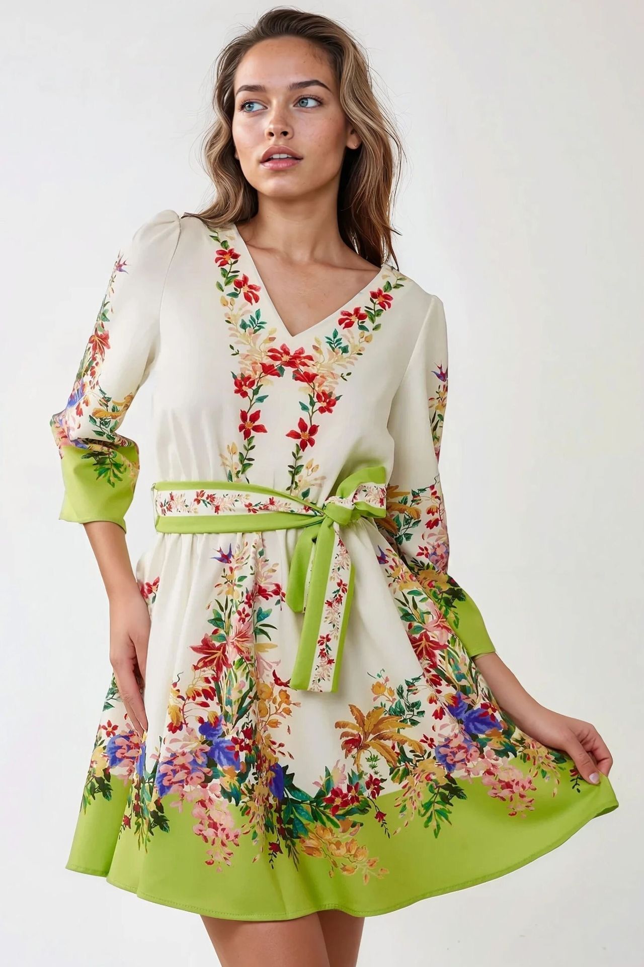 Arched V-Neck Printed Mini Dress