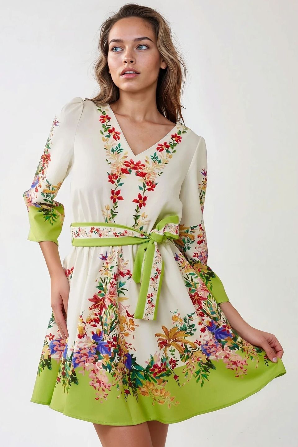 Arched V-Neck Printed Mini Dress