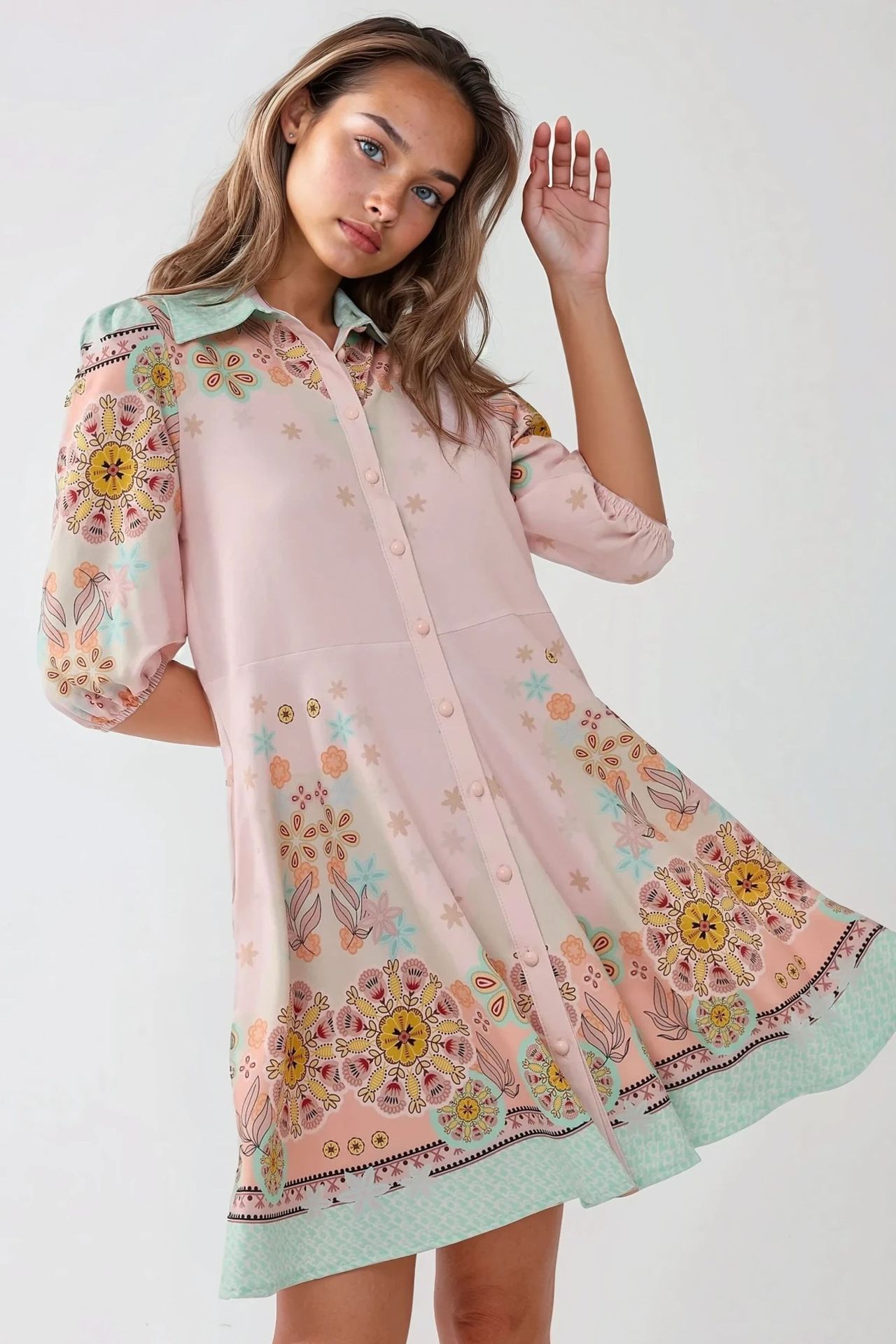 Printed Mini Dress with Shirt Collar