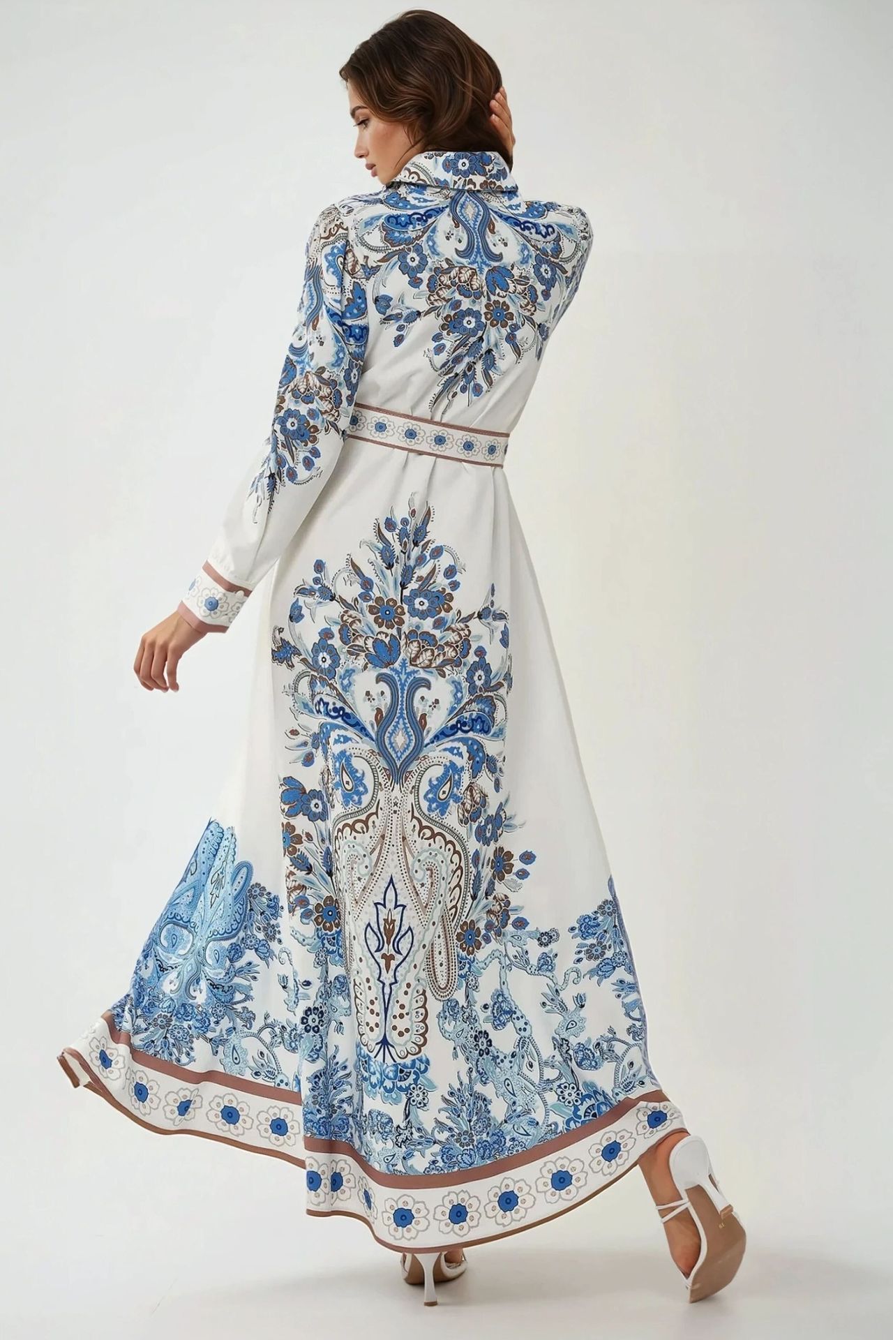 Printed Long Sleeve Maxi Dress with Belt