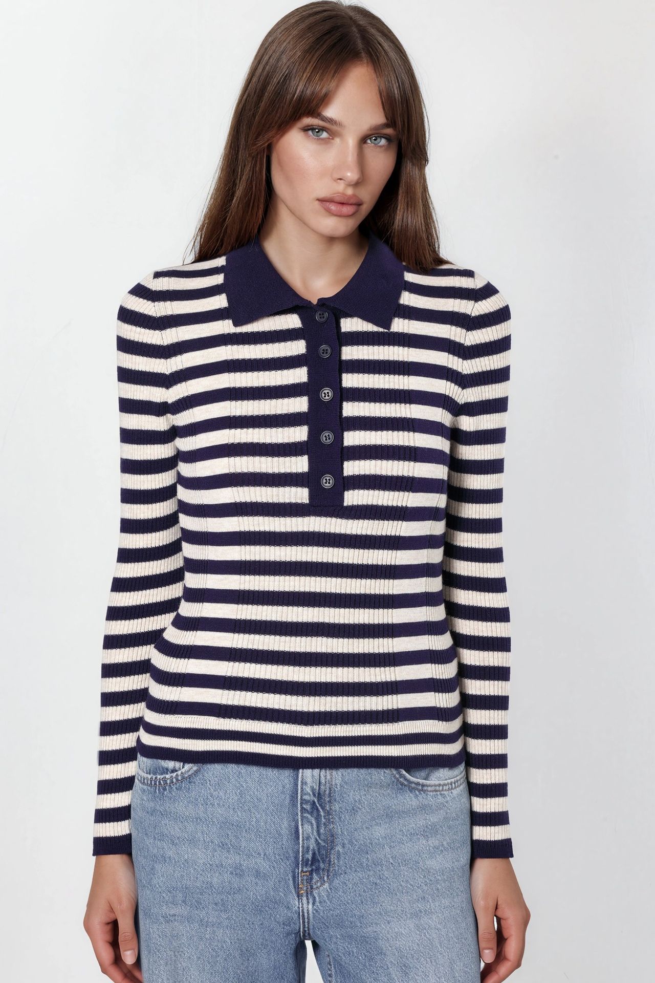 Striped Ribbed Button Polo Sweater 3