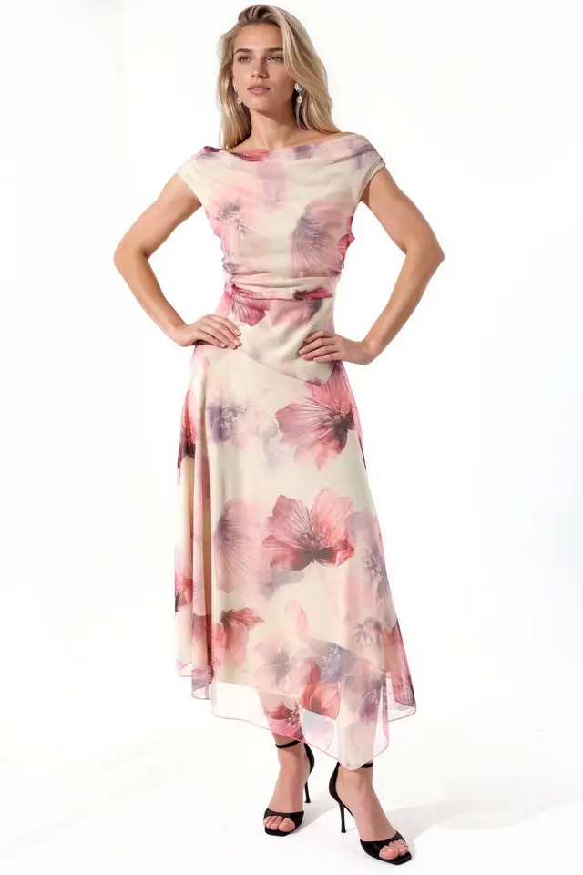 Floral A-Line Midi Dress with Asymmetrical Collar