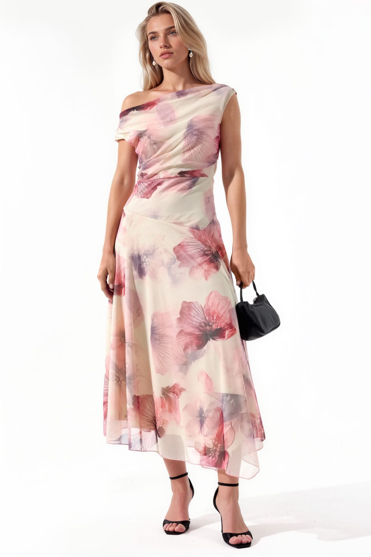 Floral A-Line Midi Dress with Asymmetrical Collar 2