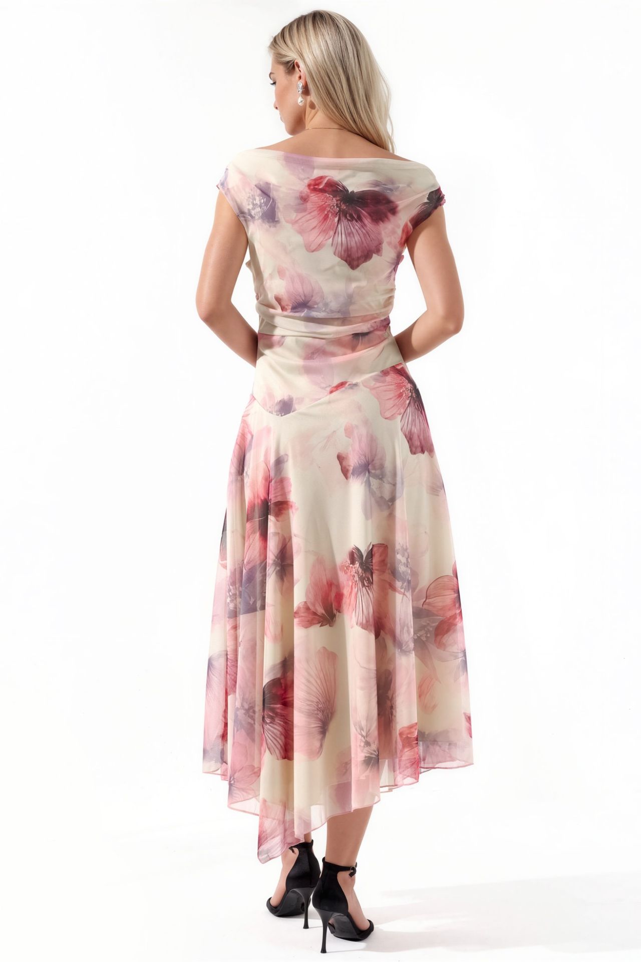 Floral A-Line Midi Dress with Asymmetrical Collar 3