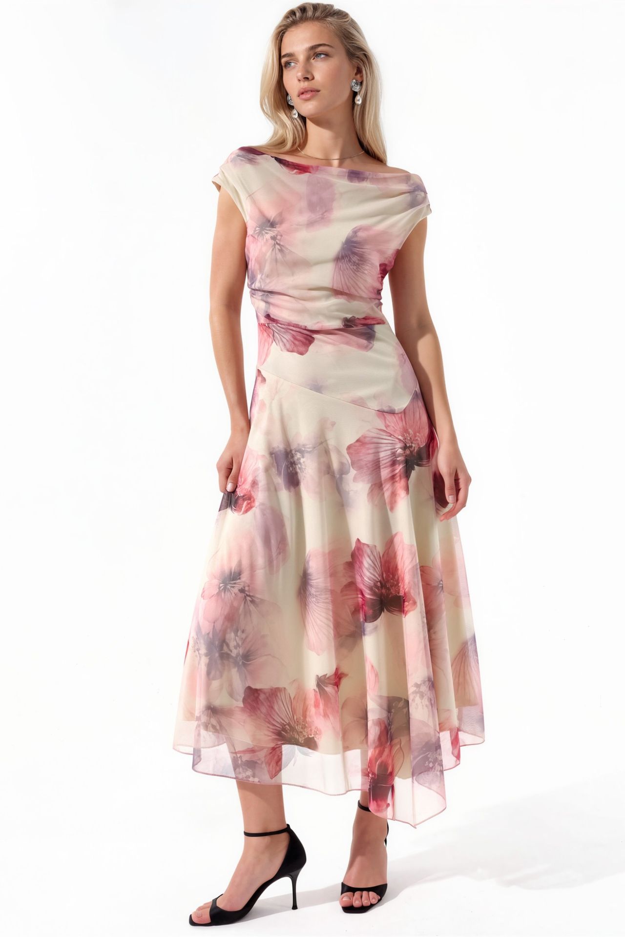 Floral A-Line Midi Dress with Asymmetrical Collar 4