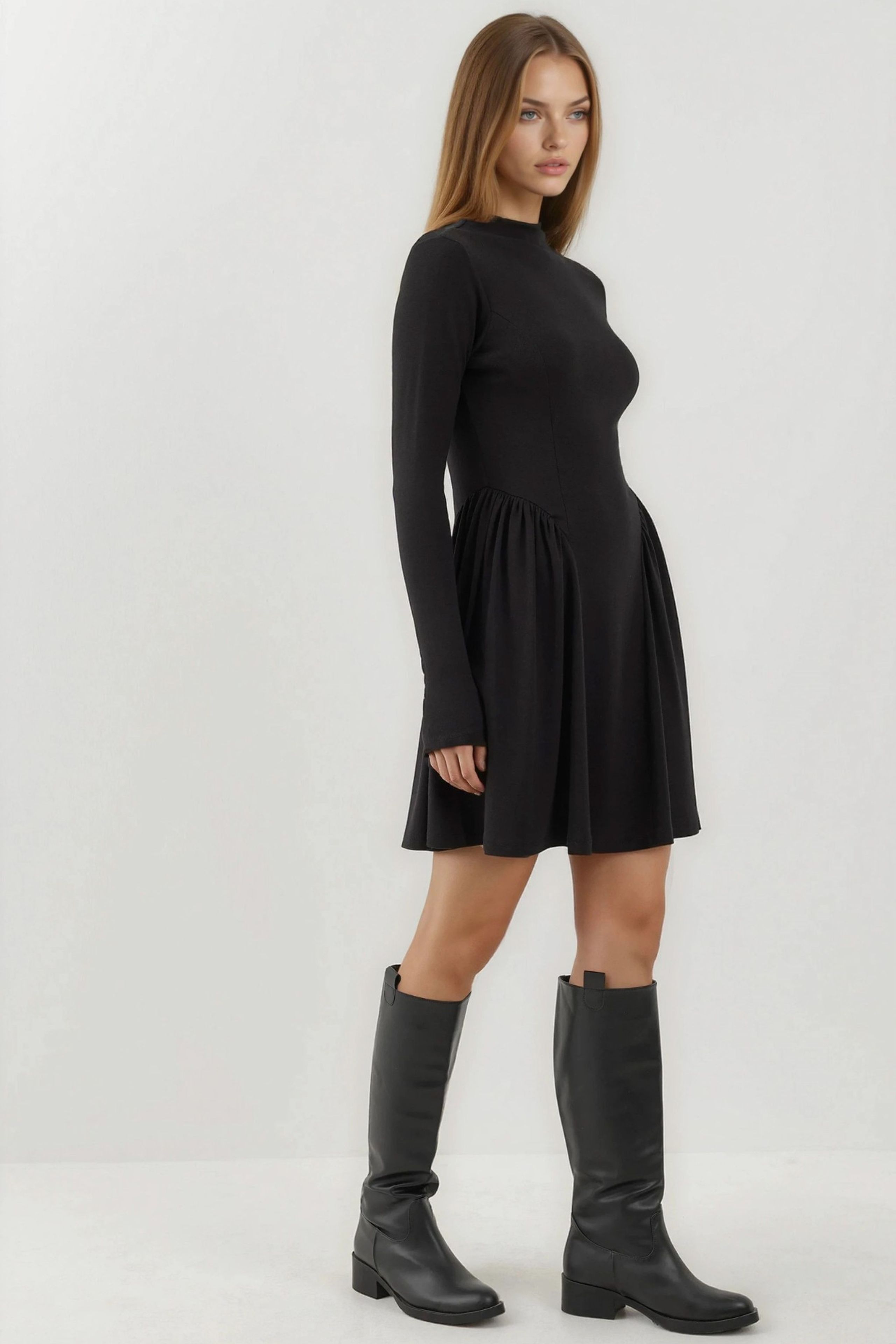 Black Soft Textured Boat Neck Mini Dress Busem Collection Women