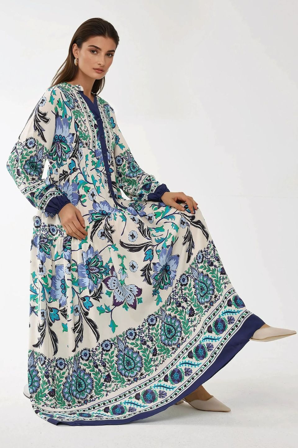 Printed Long Sleeve Viscose Maxi Dress 