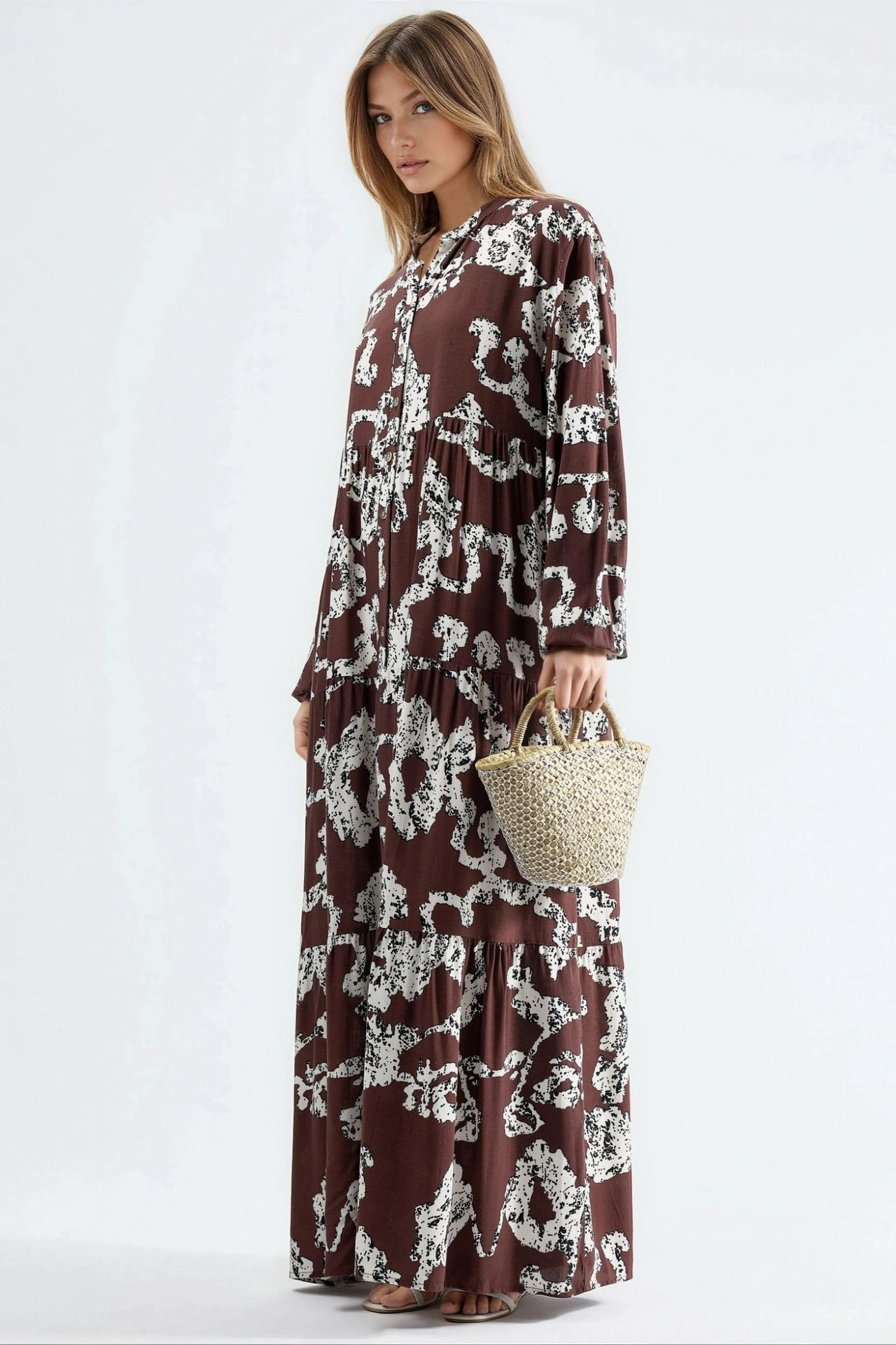 V-Neck Patterned Maxi Dress with Buttons 4