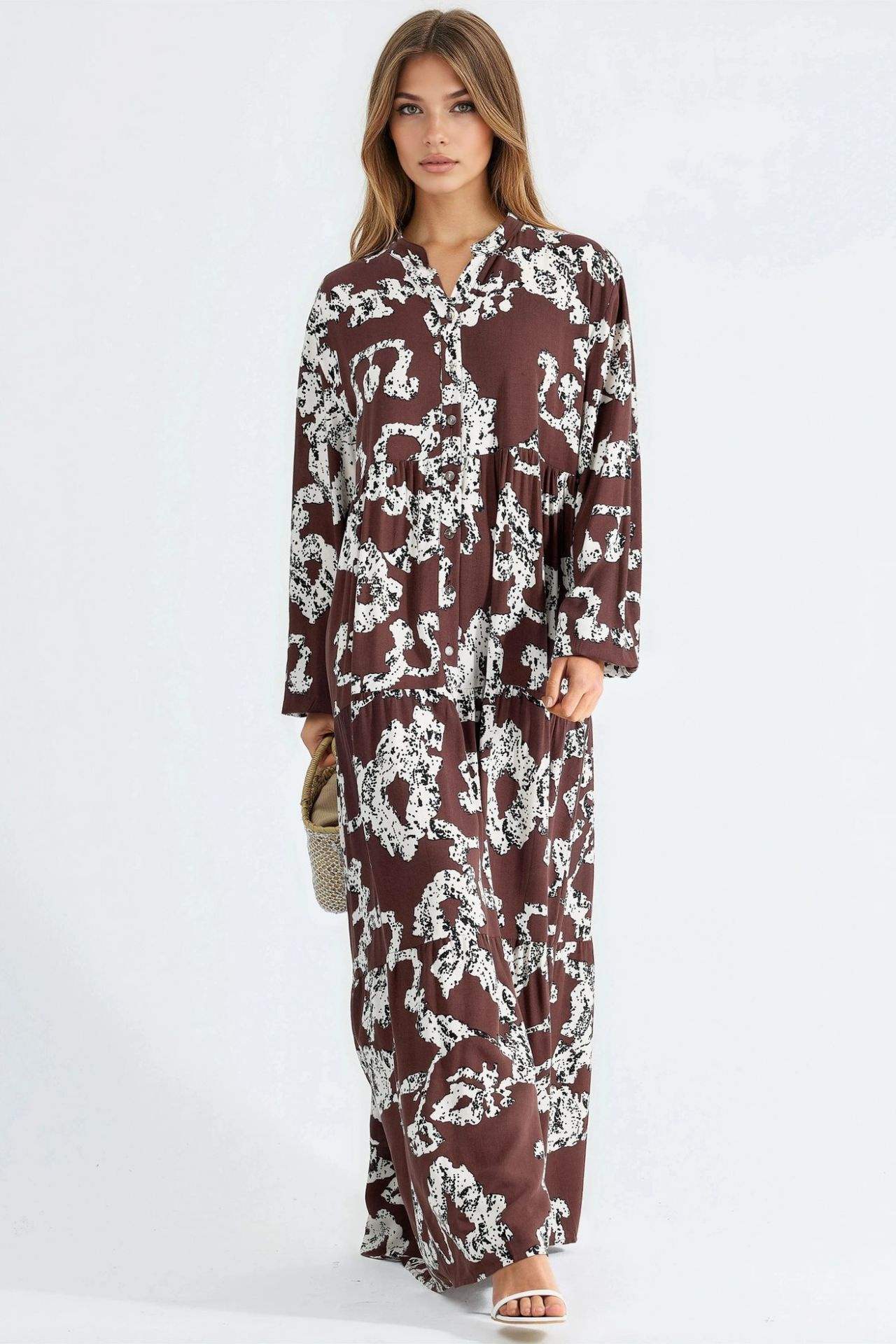 V-Neck Patterned Maxi Dress with Buttons 5