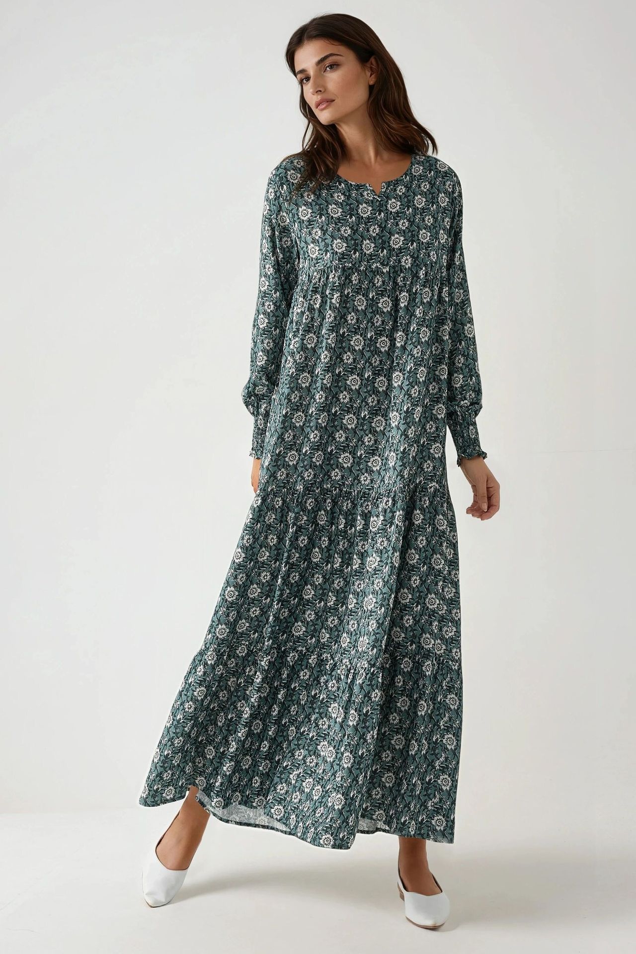 Printed Crew Neck Viscose Maxi Dress