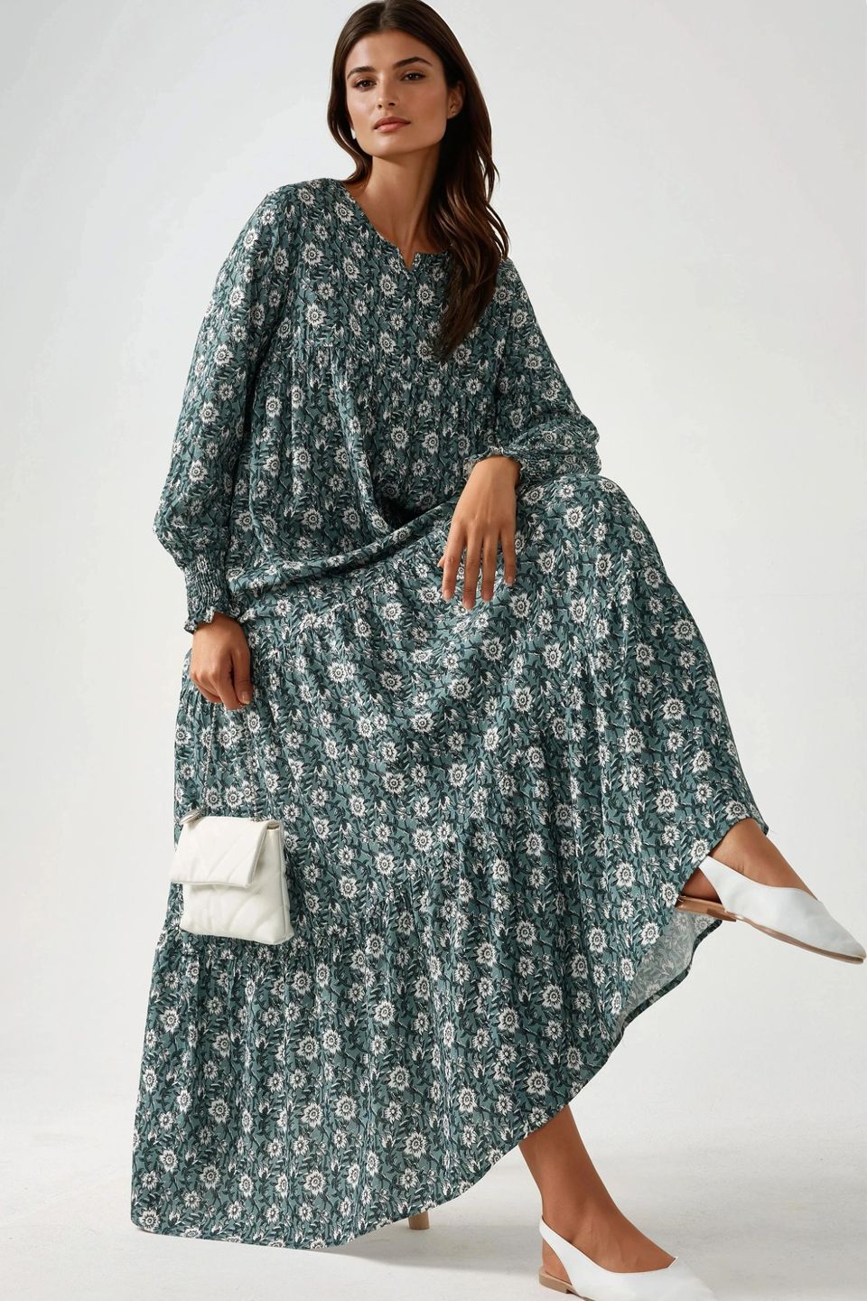 Printed Crew Neck Viscose Maxi Dress