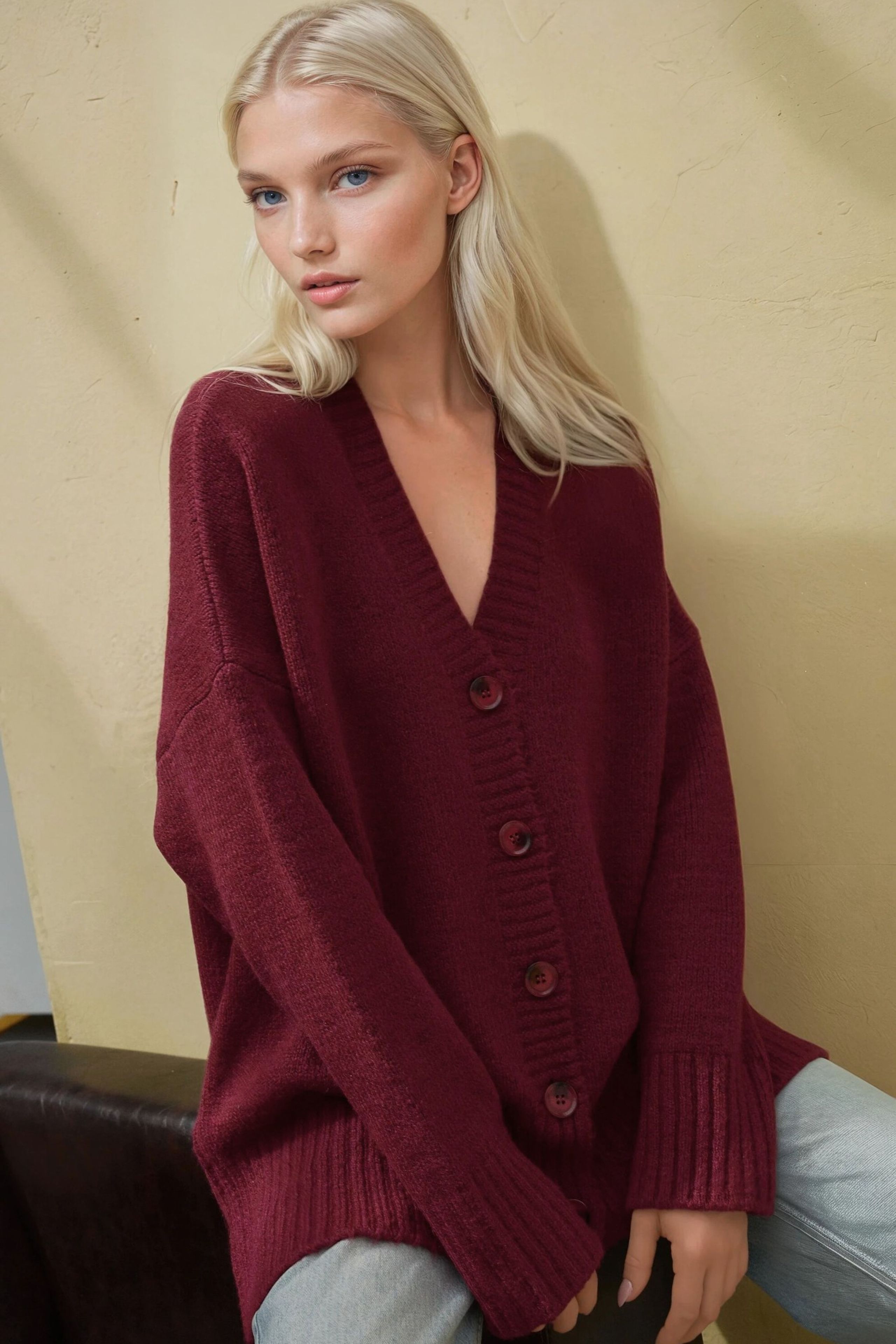 HiCCUP Burgundy Red Thick V-neck Knitwear Cardigan Women