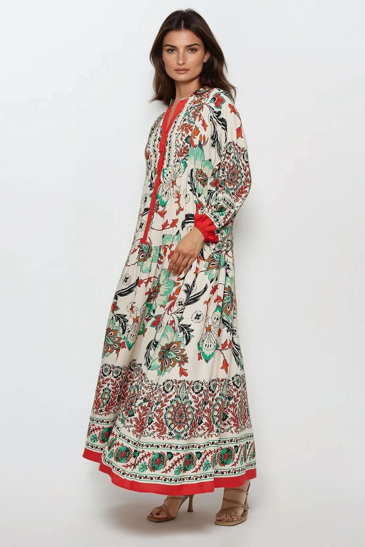 Printed Long Sleeve Viscose Maxi Dress 