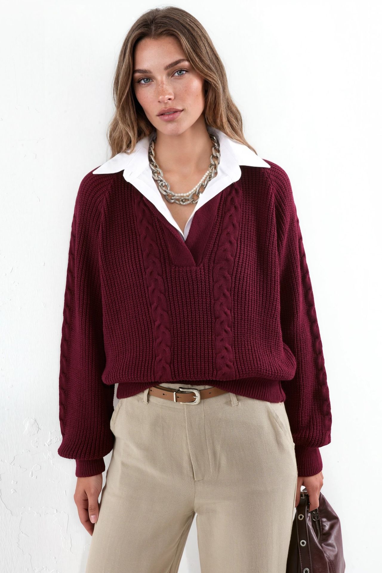 Patterned Knit Sweater with Shirt Collar 5
