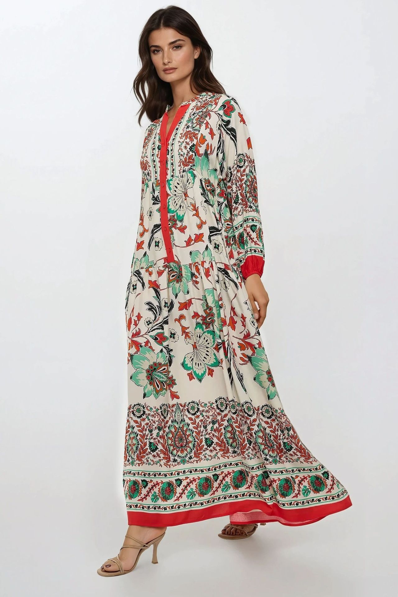 Printed Long Sleeve Viscose Maxi Dress 