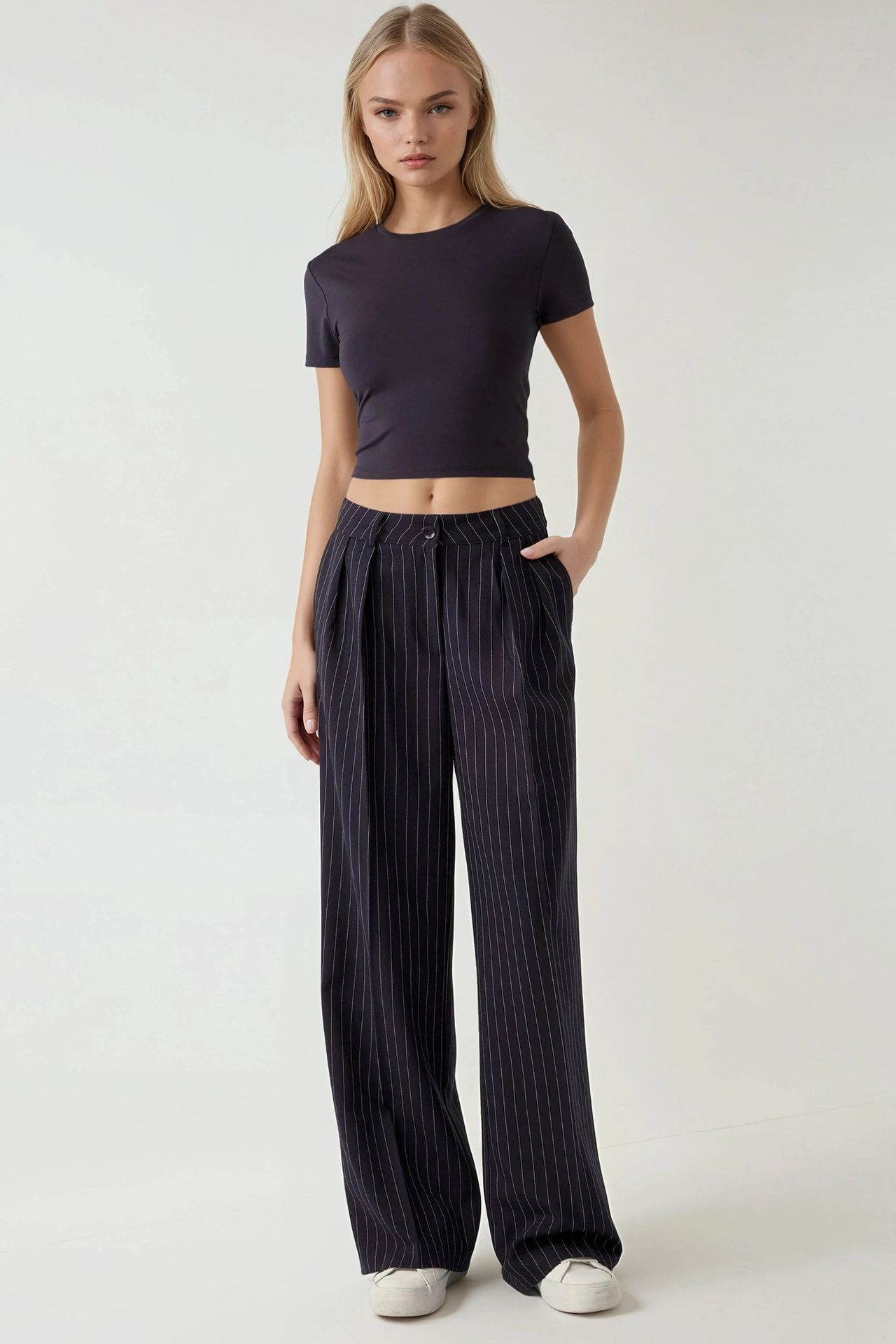 Striped Wide Leg Pleated Palazzo Pants