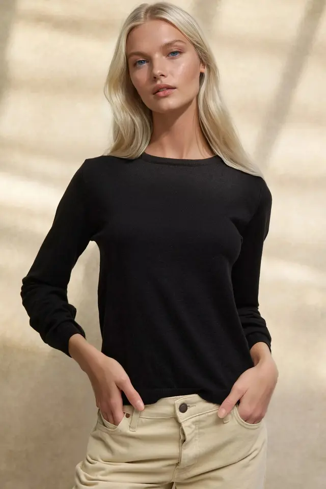 Viscose Blend Crew Neck Basic Sweater