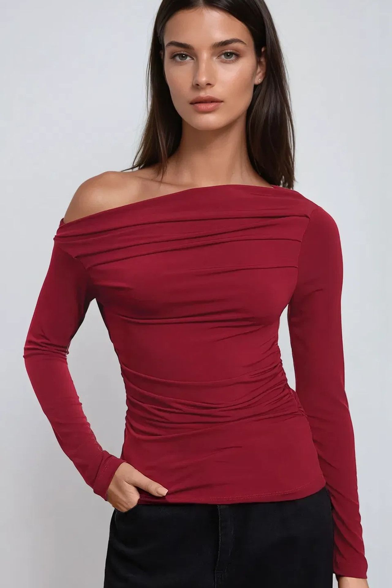 Textured Asymmetrical Collar Drapped Top