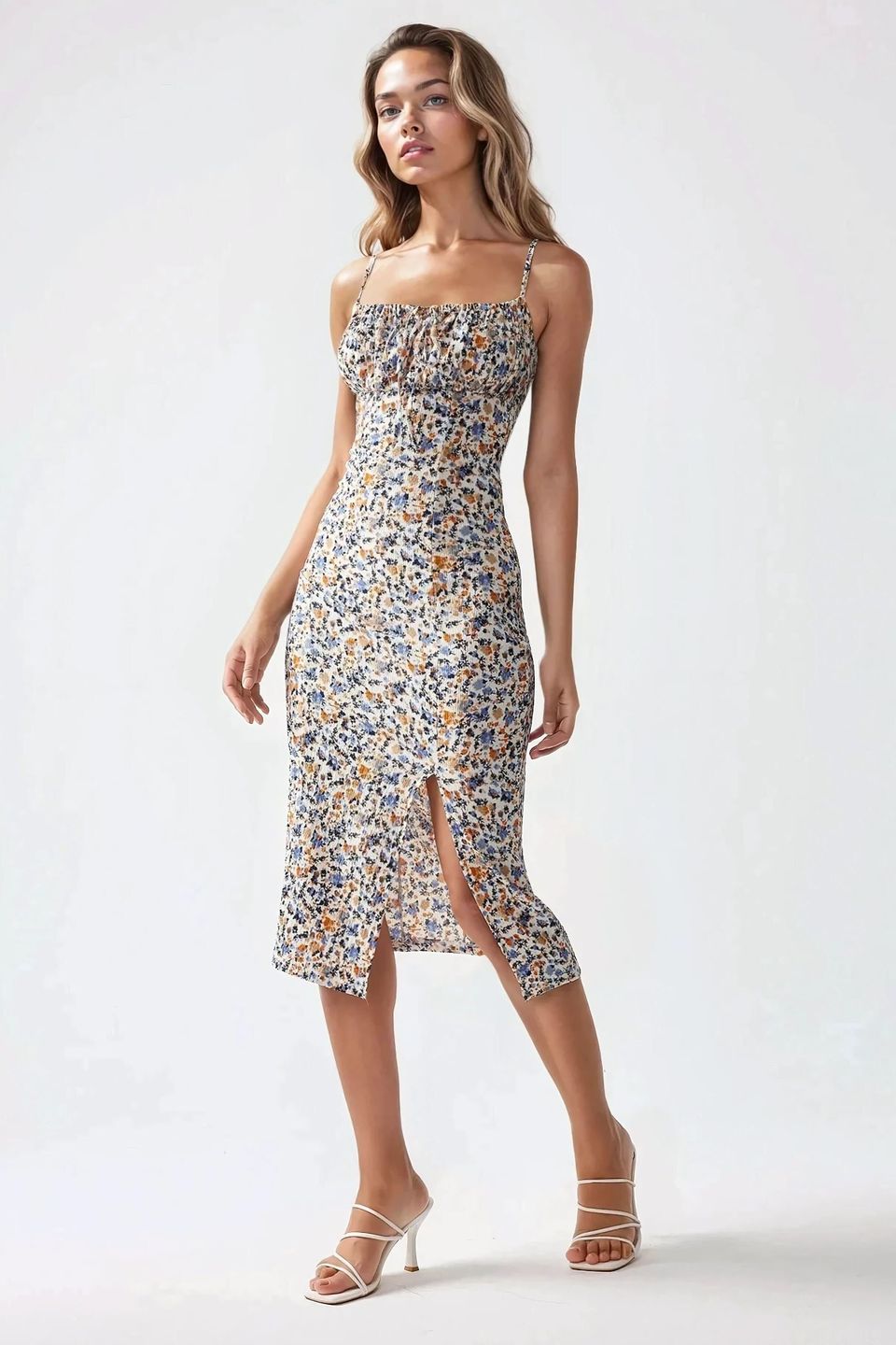 Allover Flower Print Bodycon Midi Dress with Slit