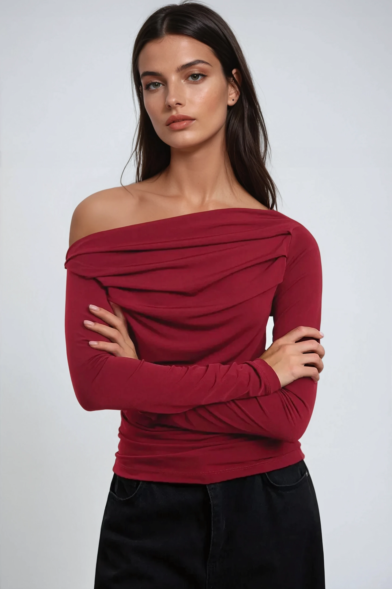 Textured Asymmetrical Collar Drapped Top