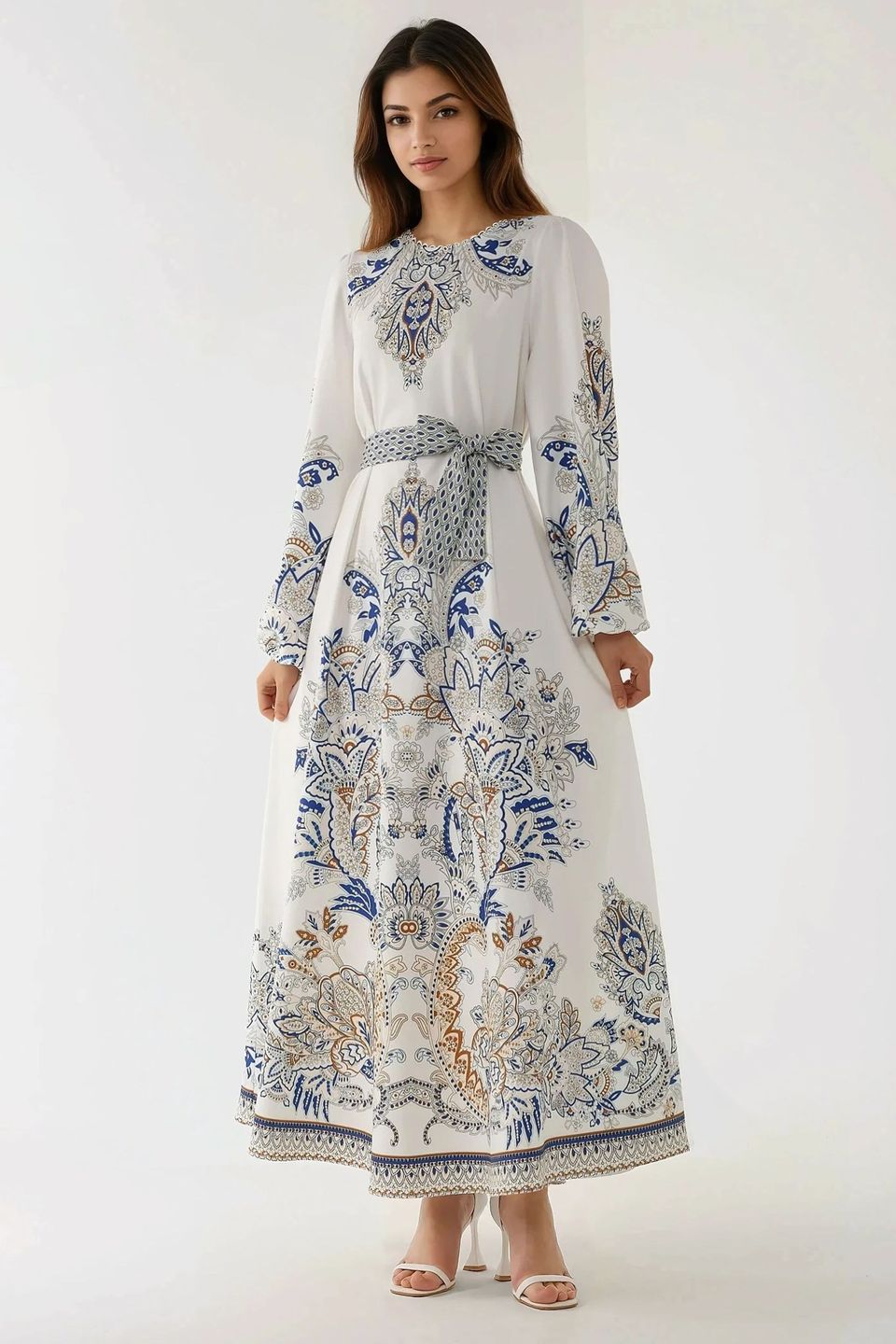 Printed Long Sleeve Viscose Maxi Dress 