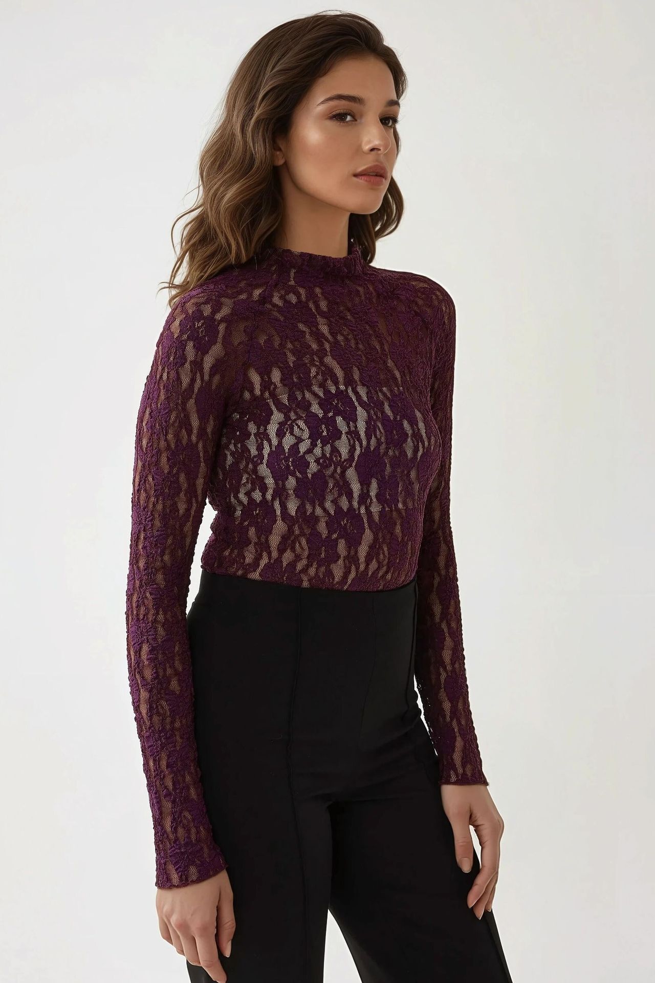 Lace Guipure Slim Fit Crew Neck Blouse