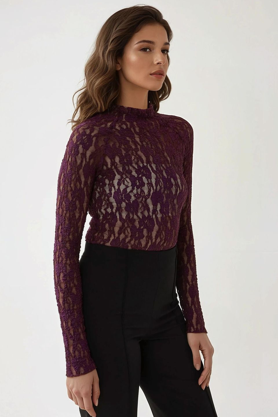 Lace Guipure Slim Fit Crew Neck Blouse