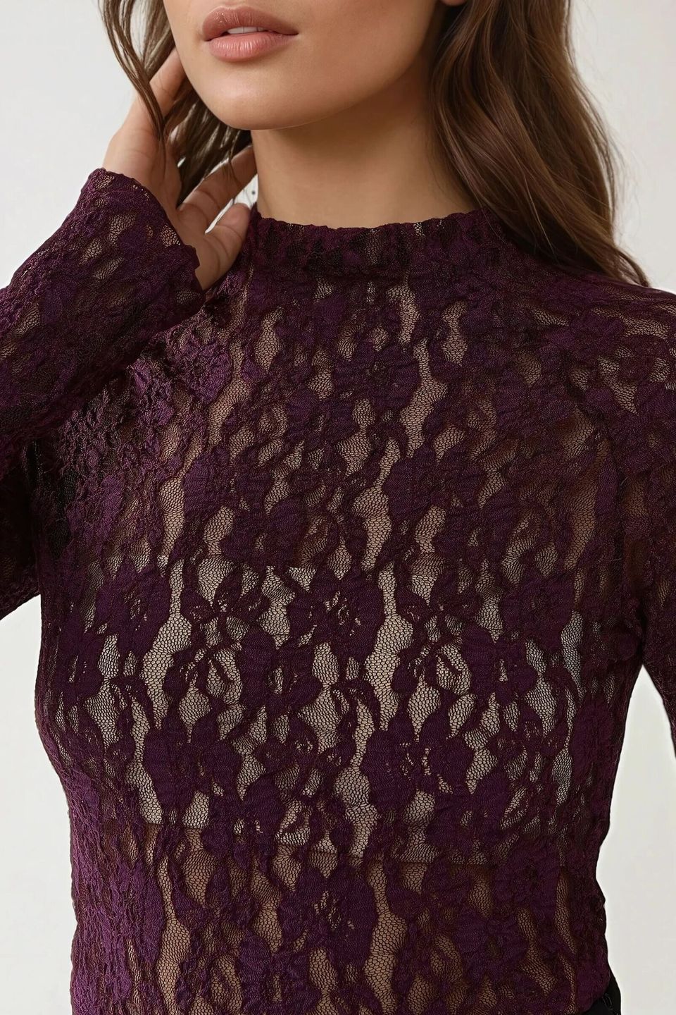 Lace Guipure Slim Fit Crew Neck Blouse