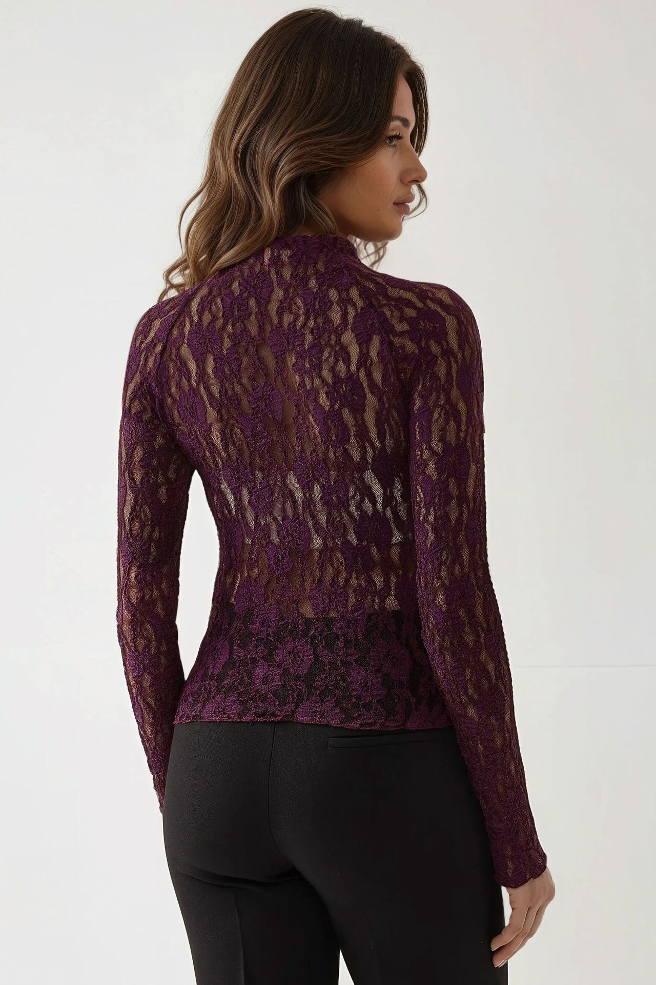 Lace Guipure Slim Fit Crew Neck Blouse