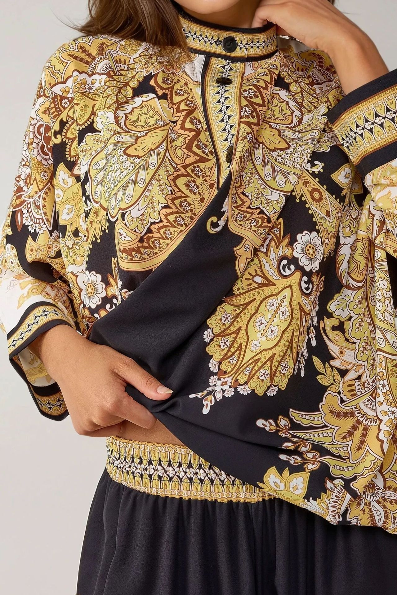 Printed Oversized Two-Piece Set with Crew Neck and Button Detail