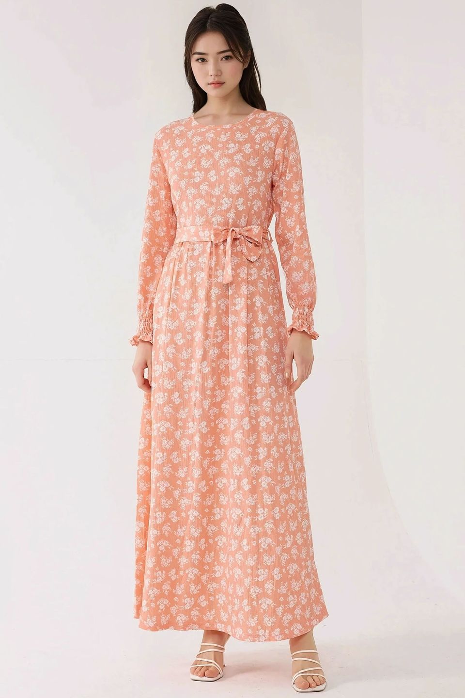 Floral Print Long Sleeve Maxi Dress with Belt