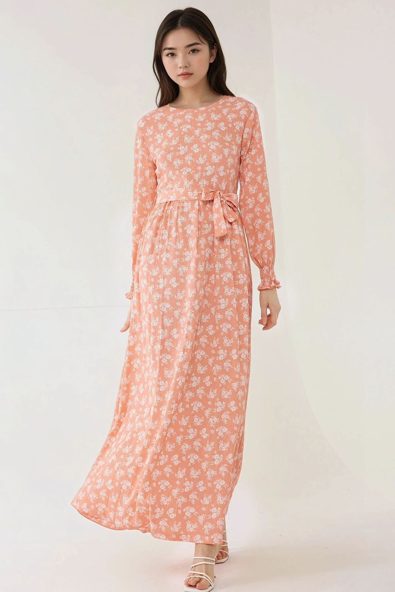 Floral Print Long Sleeve Maxi Dress with Belt