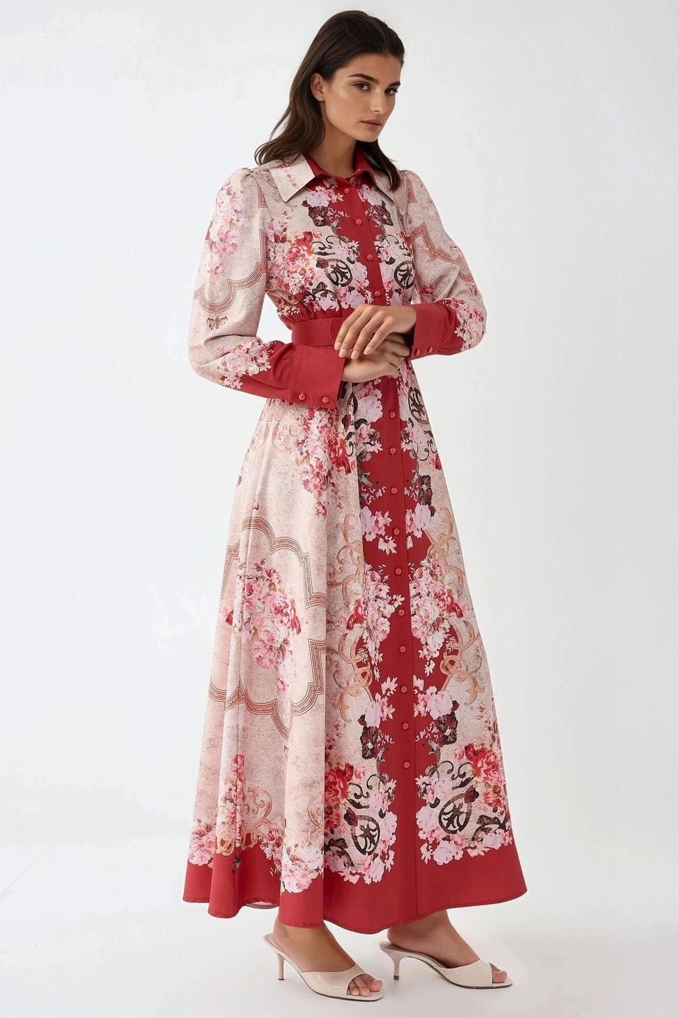 Printed Crew Neck Maxi Dress with A-Form Fit