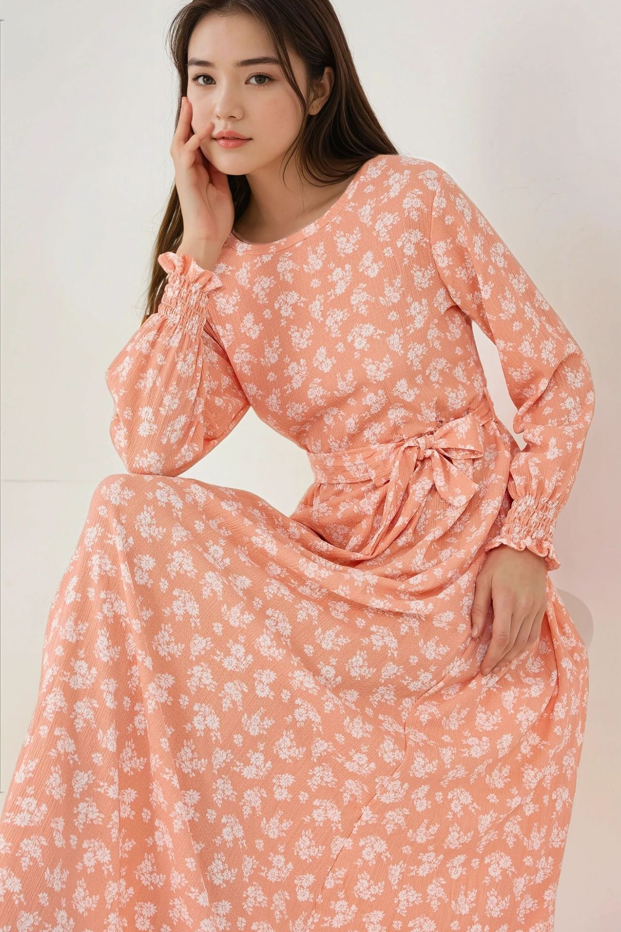 Floral Print Long Sleeve Maxi Dress with Belt