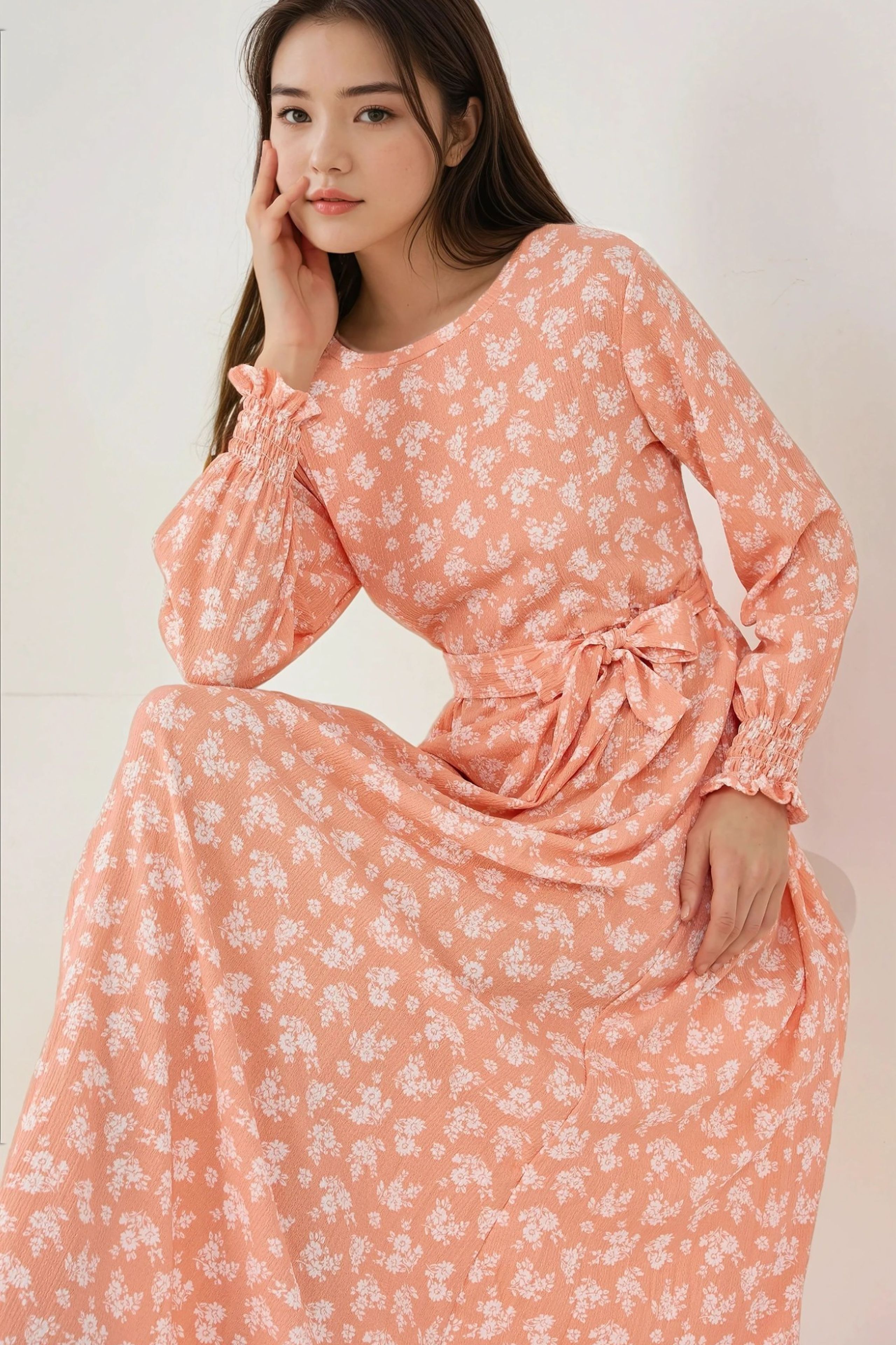HiCCUP - Blush Pink Floral Print Long Sleeve Maxi Dress With Belt Women