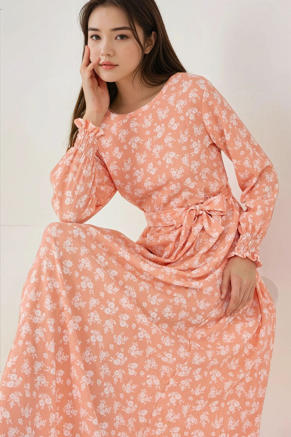 Floral Print Long Sleeve Maxi Dress with Belt