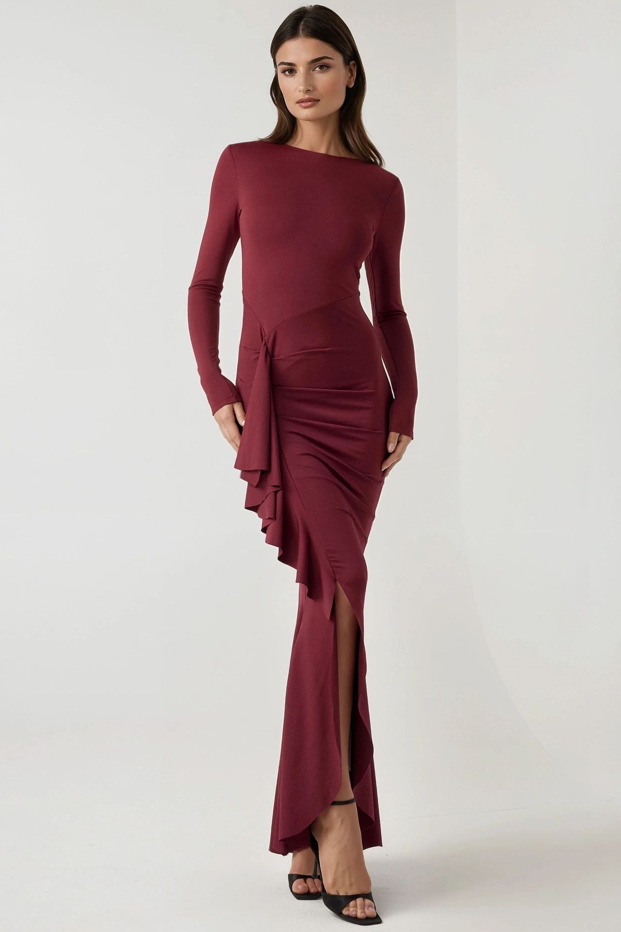 Crew Neck Bodycon Maxi Dress with Ruffle Detail