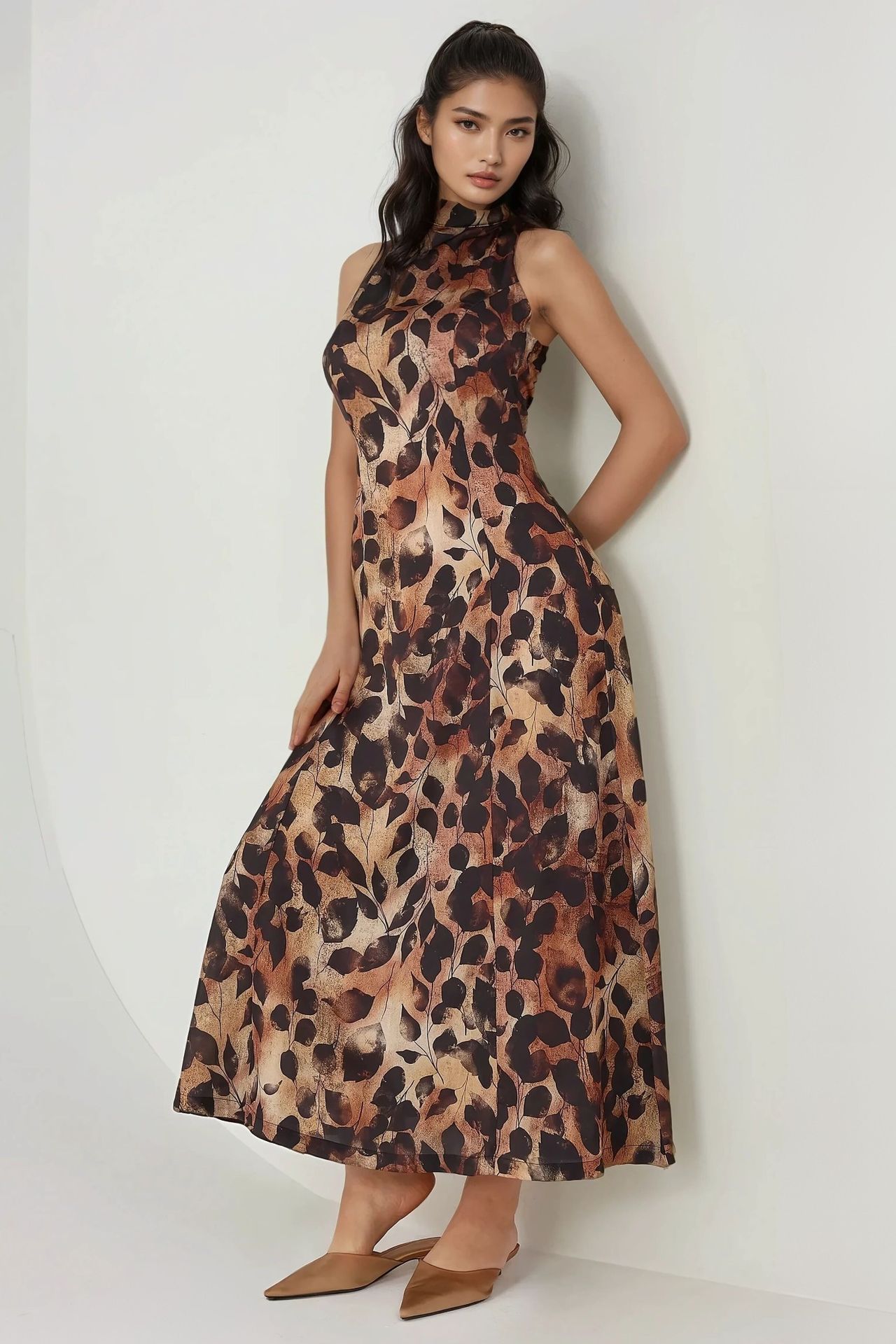 Printed Halter Collar Maxi Dress