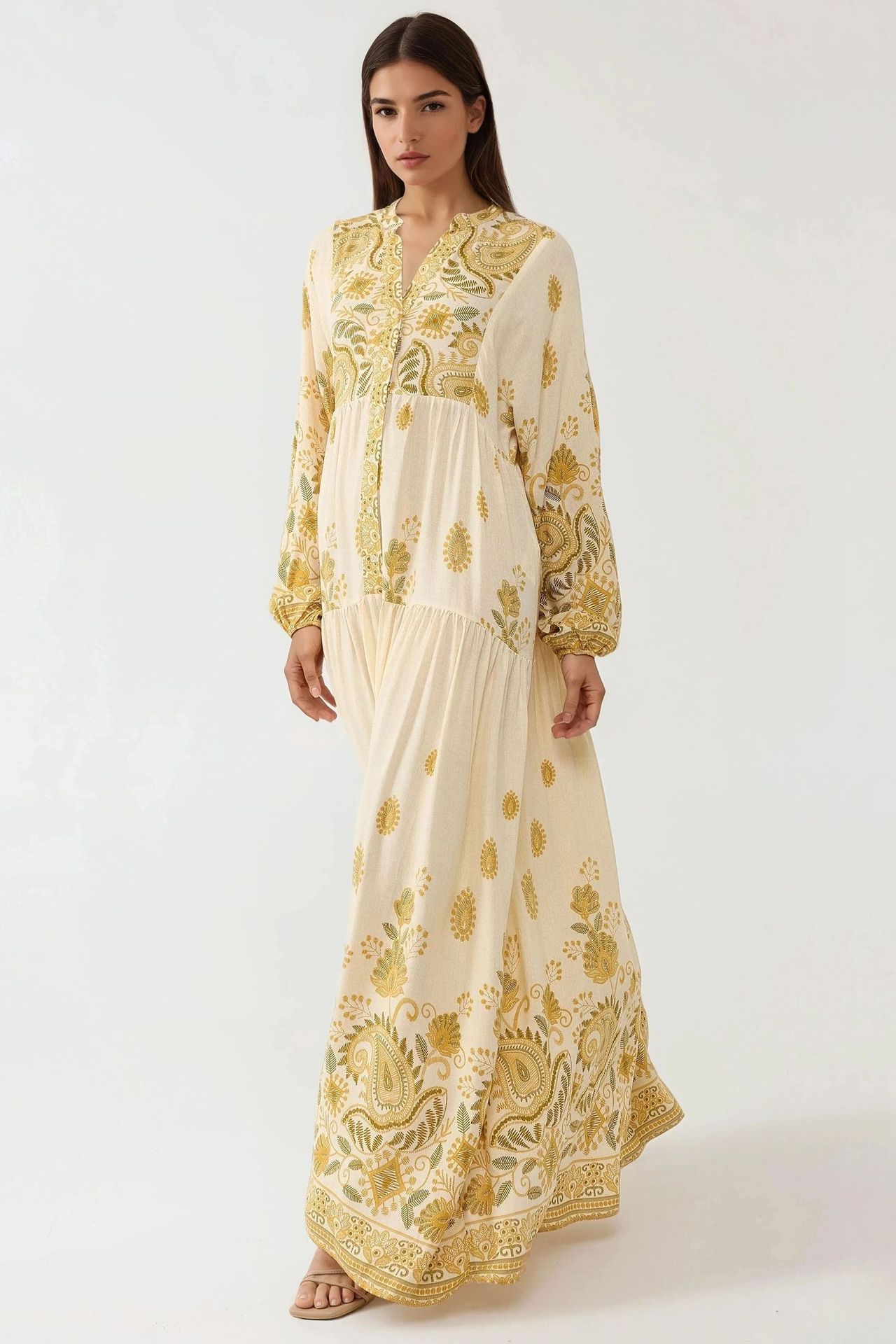 Printed V-neck Maxi Dress with Button Detail