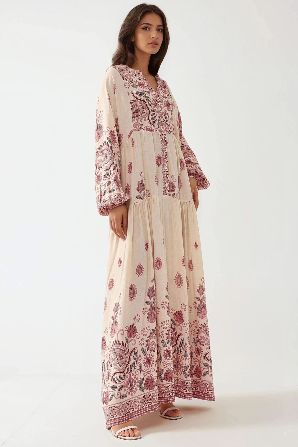 Printed V-neck Maxi Dress with Button Detail