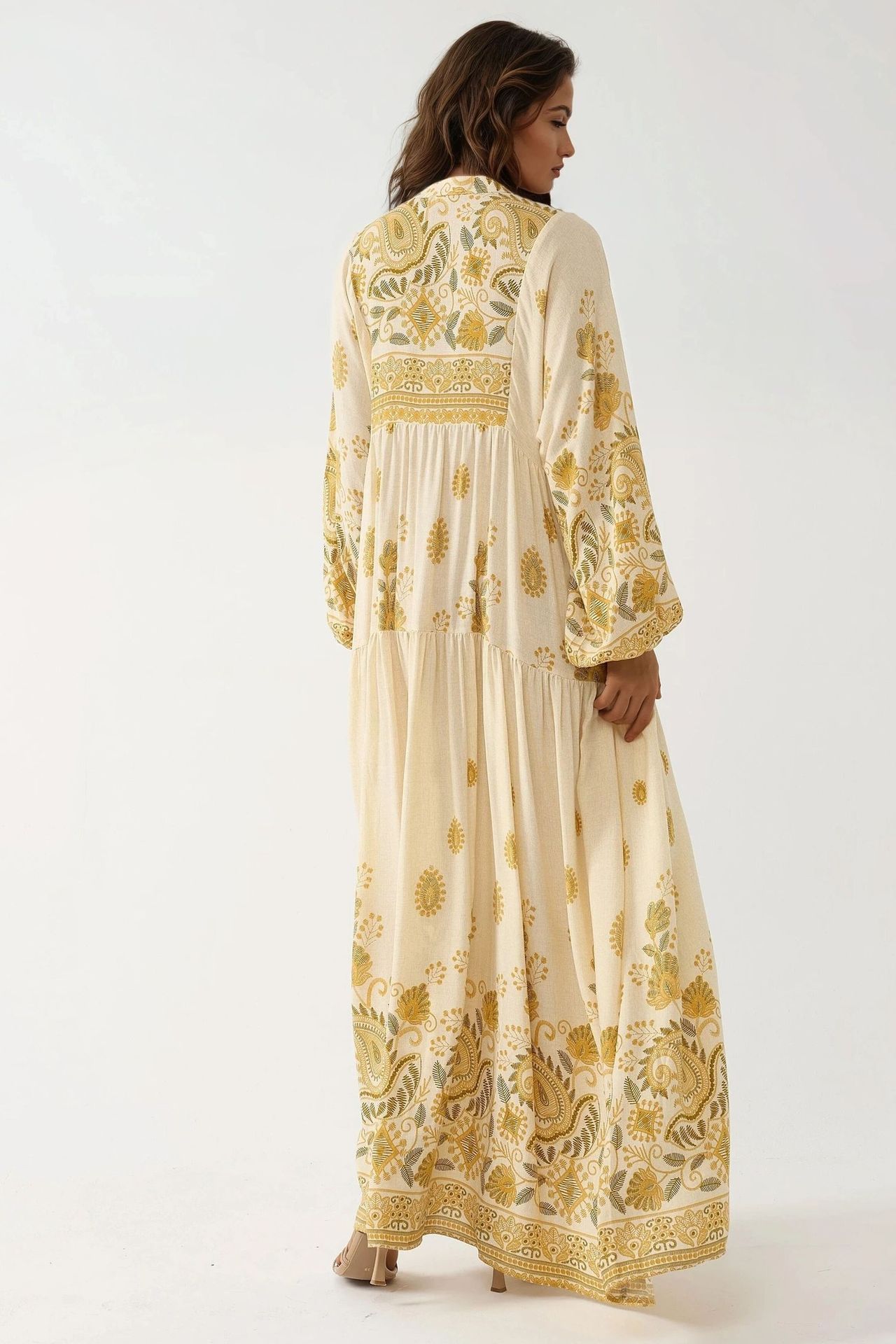 Printed V-neck Maxi Dress with Button Detail