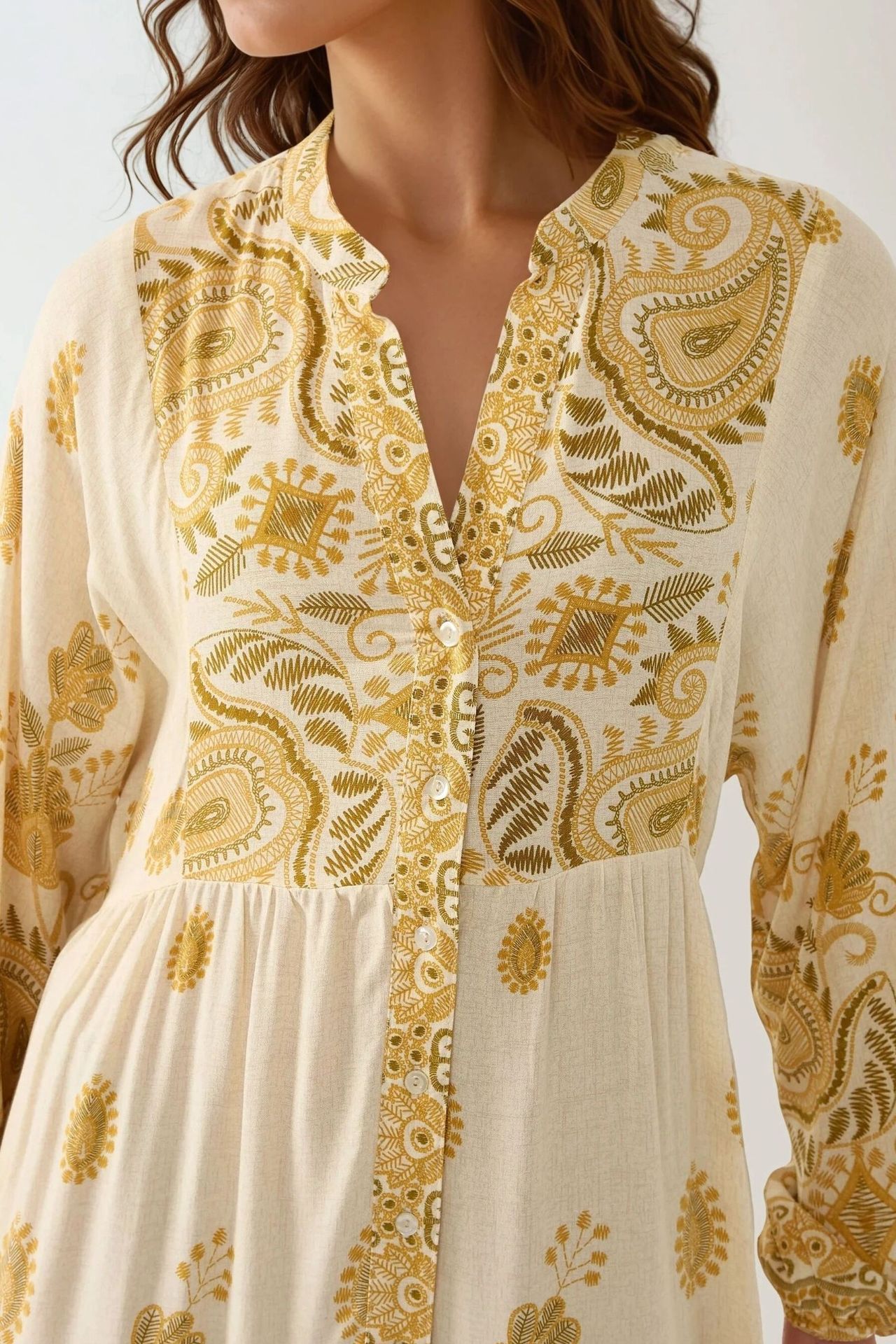 Printed V-neck Maxi Dress with Button Detail